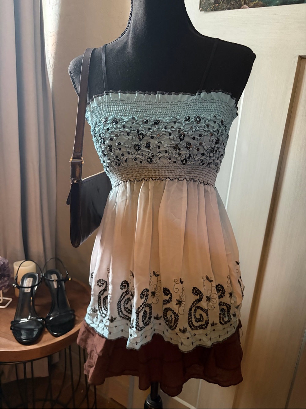 Knitworks Light Blue, Cream and Brown Smocked Embroidered Tiered Camisole